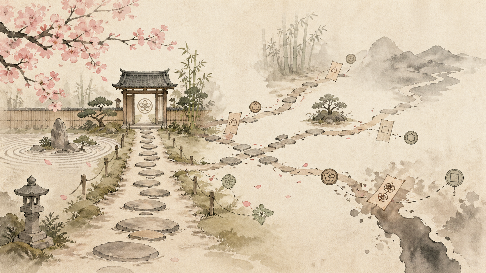 A watercolor zen garden where a tidy stone path leads to a serene gate, but branching trails wander off across the scene past charms and seals into a darker ink-washed landscape — depicting agents drifting beyond their intended scope.