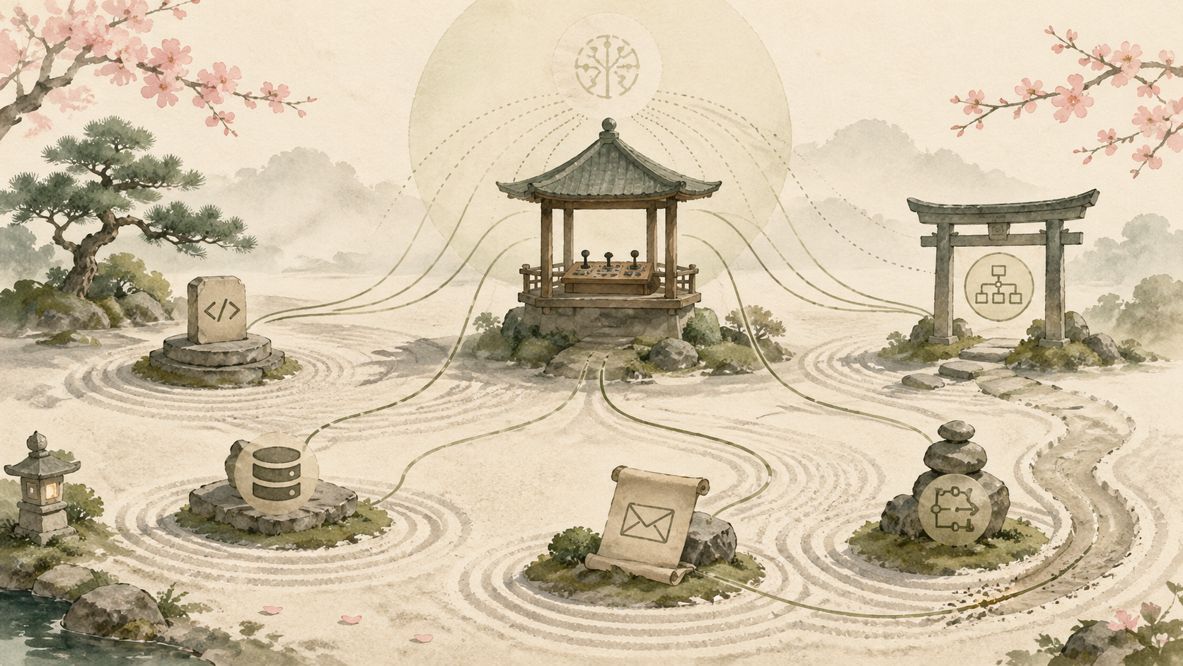 A watercolor zen garden where a central pavilion holds a control panel, with threads radiating outward to a code stele, a database, a scroll-letter, and a workflow shrine — depicting an AI agent issuing write actions across production systems.