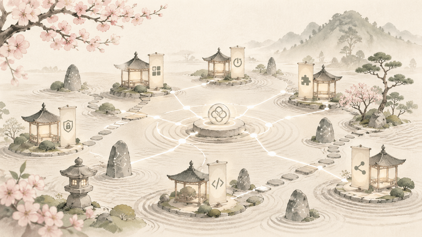 Watercolor map of small island shrines connected by glowing paths to a central seal — a visual metaphor for every app, grant, extension, and plugin mapped into one inventory.