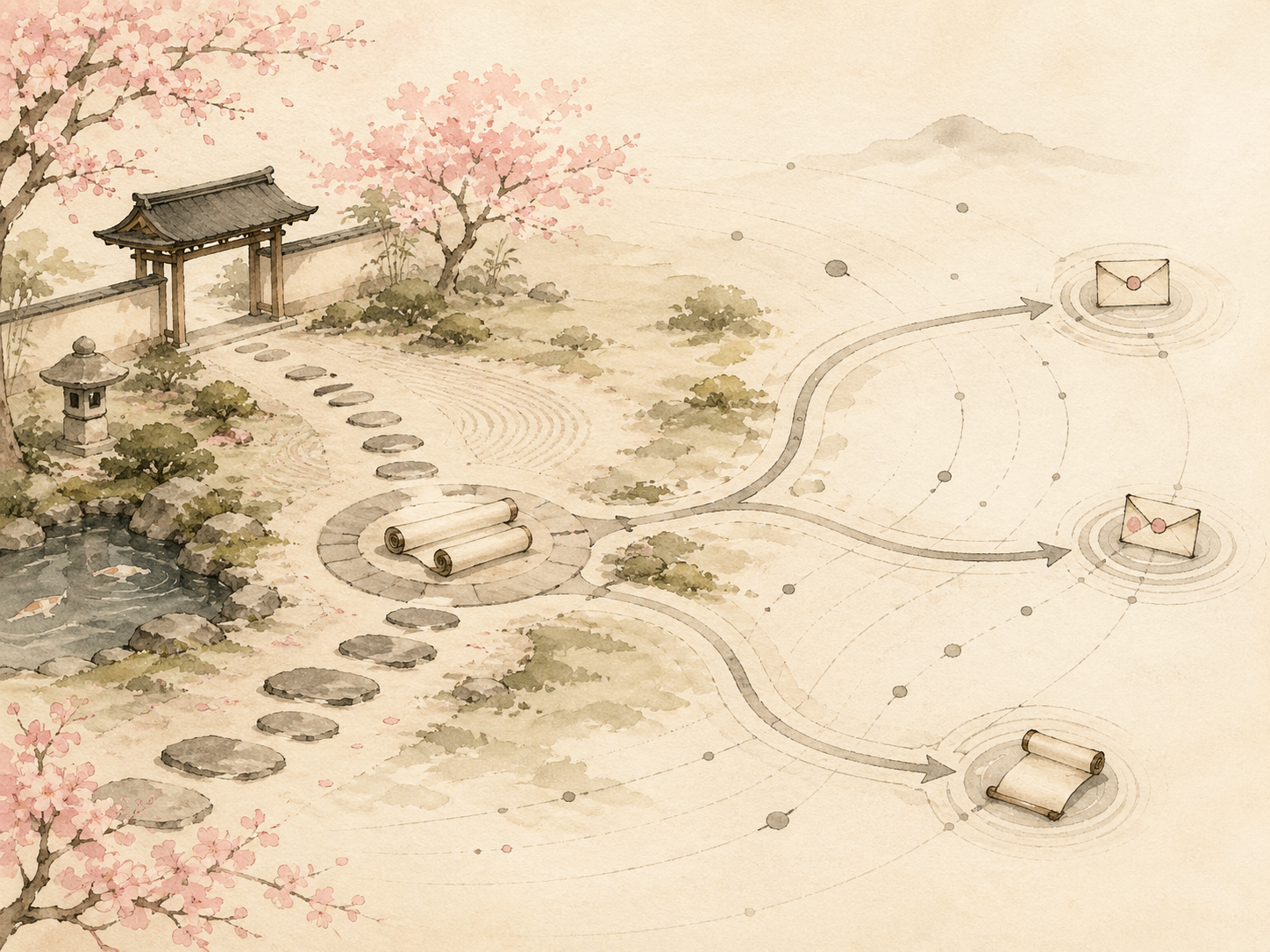 Watercolor scene of a temple gate, koi pond, and stepping stones leading to a circle of scrolls, with arrows tracing outward to letter envelopes and another scroll — a metaphor for outbound shares and email activity correlated with employee behavior.