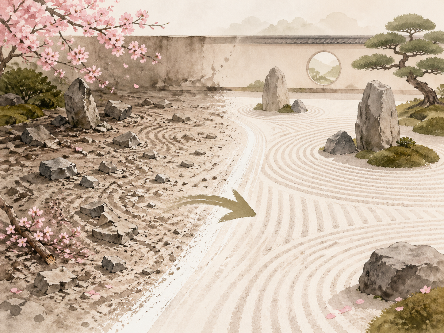 Watercolor zen garden split between scattered rocks and clean raked sand, with a green arrow sweeping from chaos into calm — a metaphor for direct remediation that resolves risk in one motion.