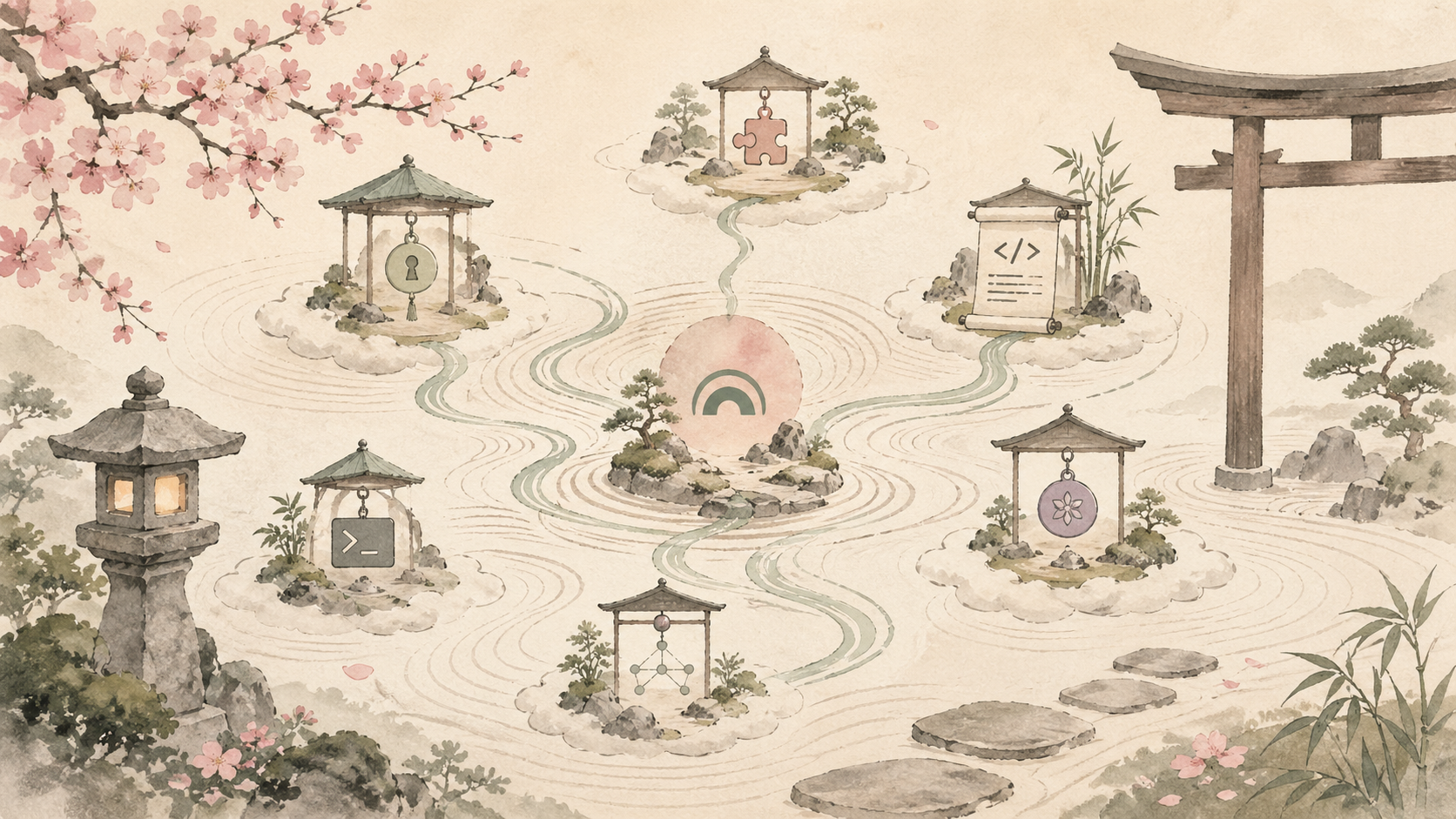 Watercolor illustration of small floating cloud-islands, each holding a different app shrine — a metaphor for SaaS, browser extensions, IDE plugins, and AI tools as small clouds connected by streams.