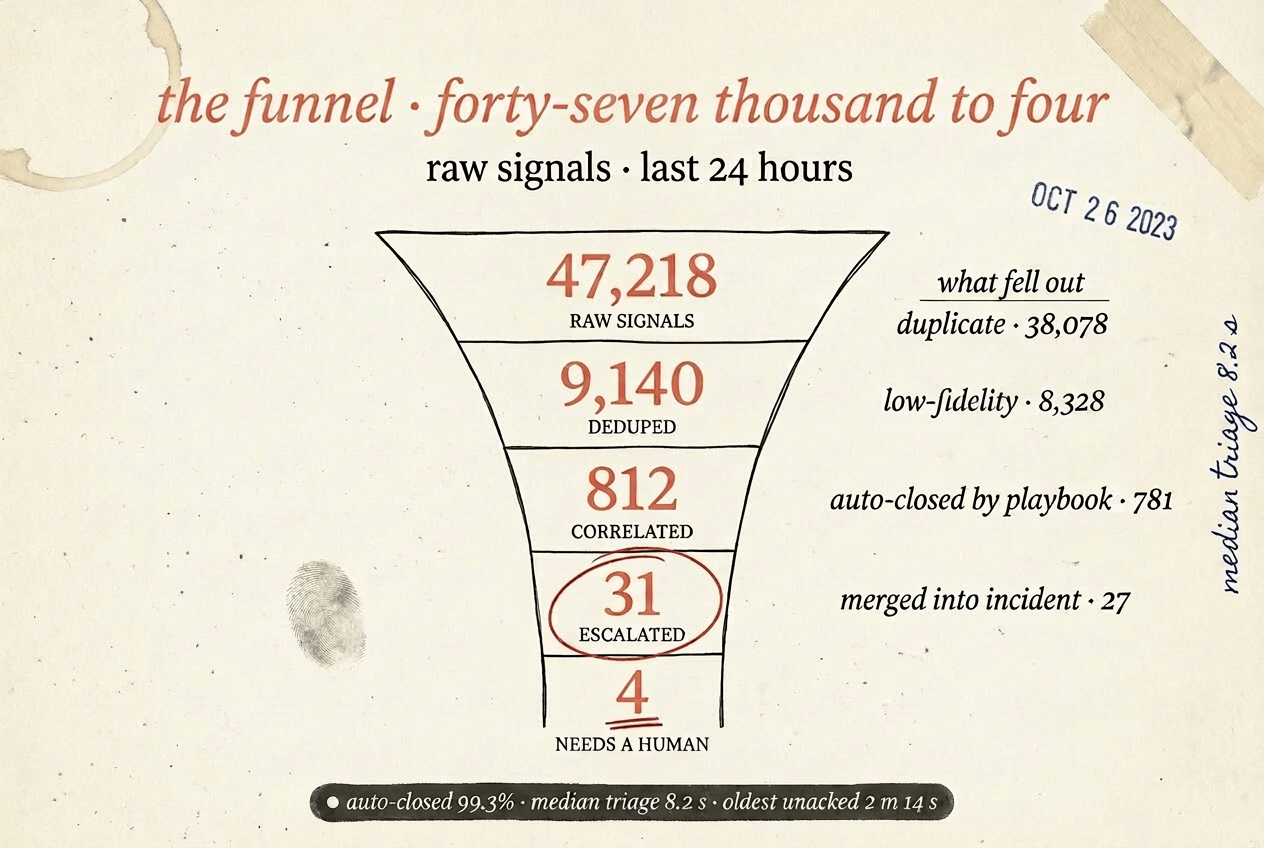 The triage funnel: 47,218 raw signals in 24 hours narrowing to 9,140 deduped, 812 correlated, 31 escalated, and 4 that need a human, with duplicates, low-fidelity events and playbook auto-closes itemised alongside.