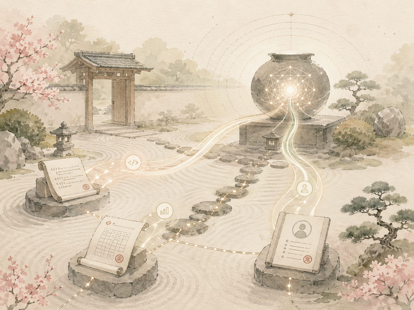 A watercolor zen garden where scrolls of code, spreadsheets, and personnel records sit on stone pedestals, with luminous threads pulling their data toward a glowing vessel — depicting organizational data being drawn into AI systems.
