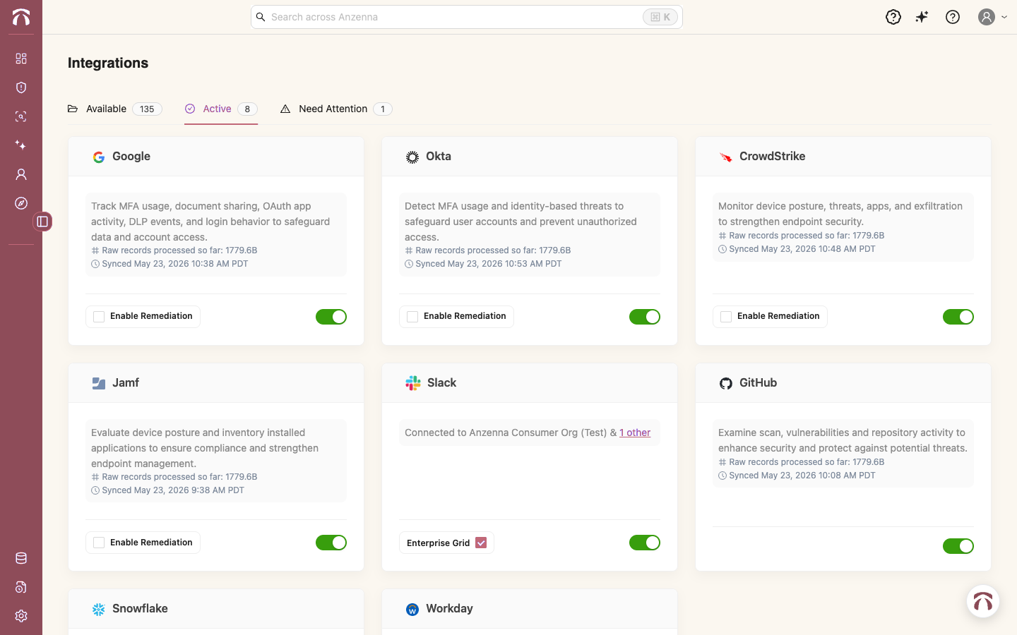 Integrations admin dashboard showing connected sources