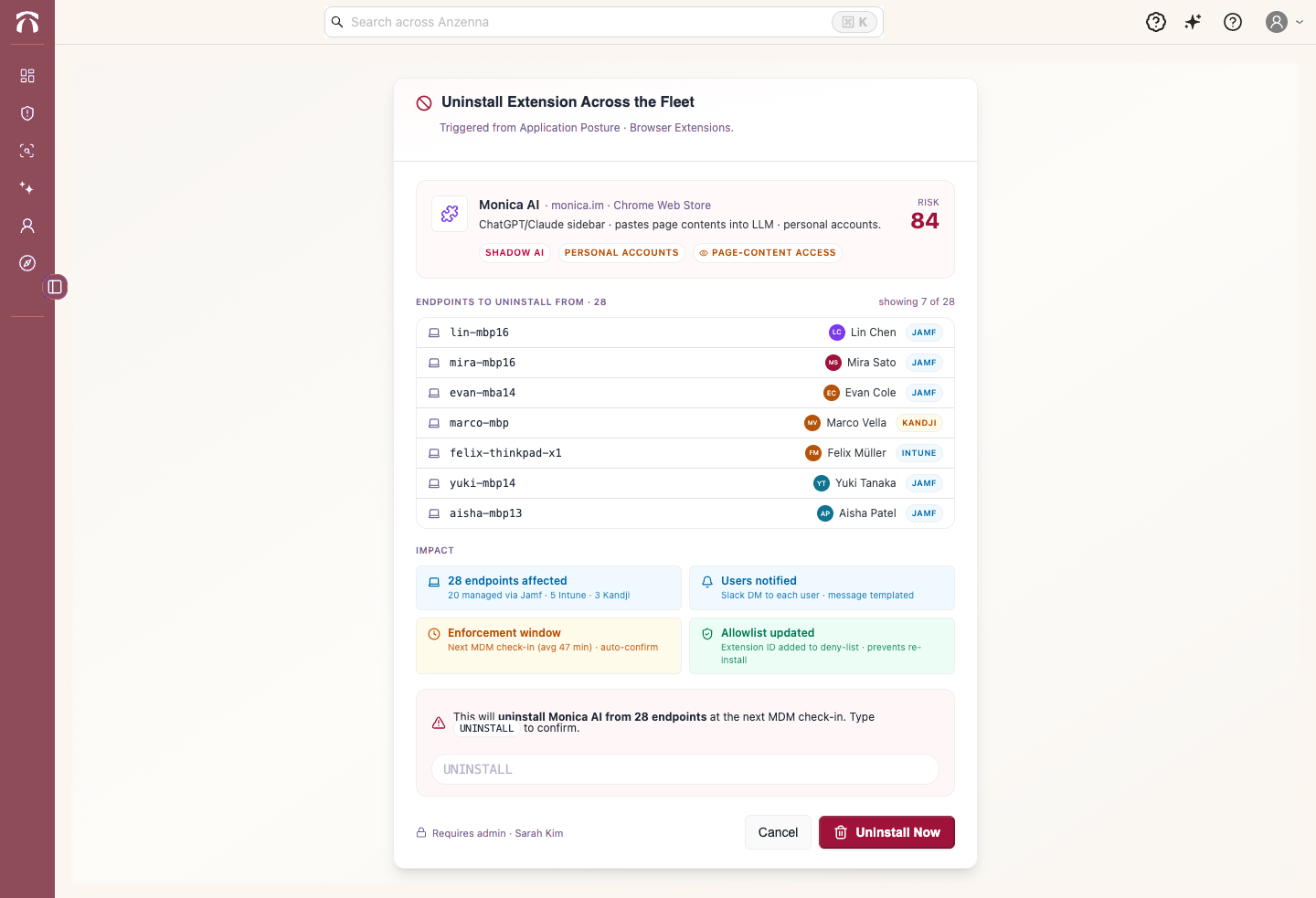 Uninstall Extension Across the Fleet · Monica AI: shadow AI ChatGPT/Claude sidebar pasting page contents into LLM, Risk 84. Action removes from 28 endpoints at next MDM check-in across Jamf, Intune, and Kandji; users notified and the extension ID added to deny-list to prevent re-install.