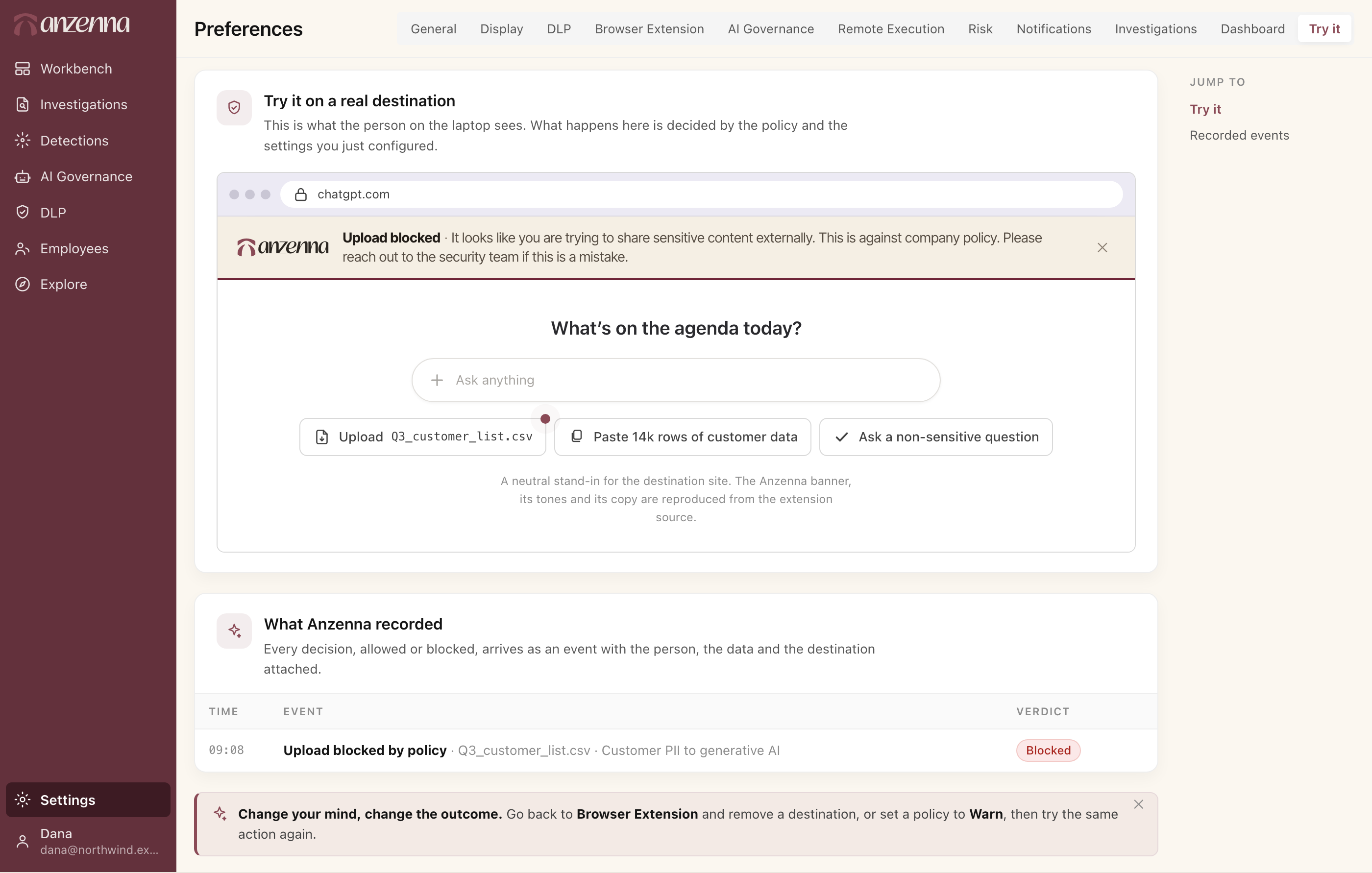 An employee's screen at a generative AI site — Anzenna blocks the sensitive upload with the reason shown, and the event is recorded as Blocked with the person and policy attached